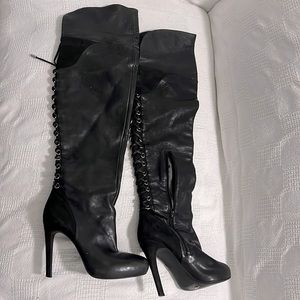 Jessica Simpson | black leather thigh high boots